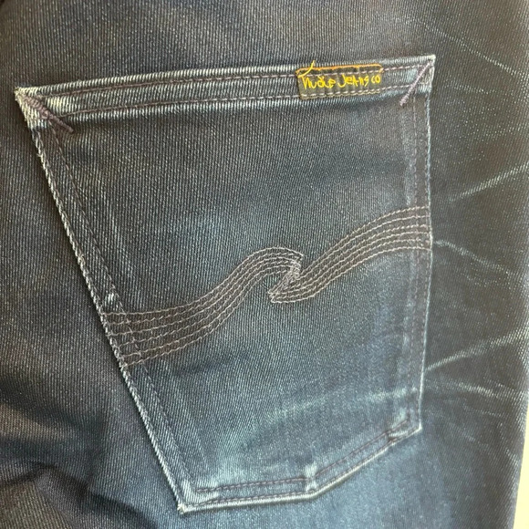 NUDIE Sz 33 x 34 Jeans Thin Finn Dark Shine Slim Dark Wash Wiskering Denim - Picture 11 of 13
